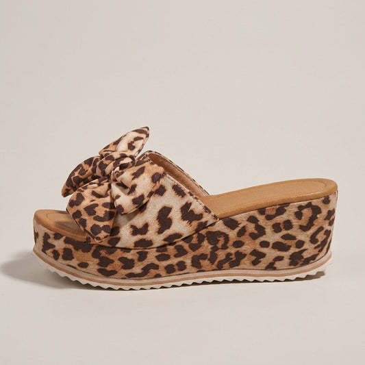Leila leopard bow wedge slides, side profile