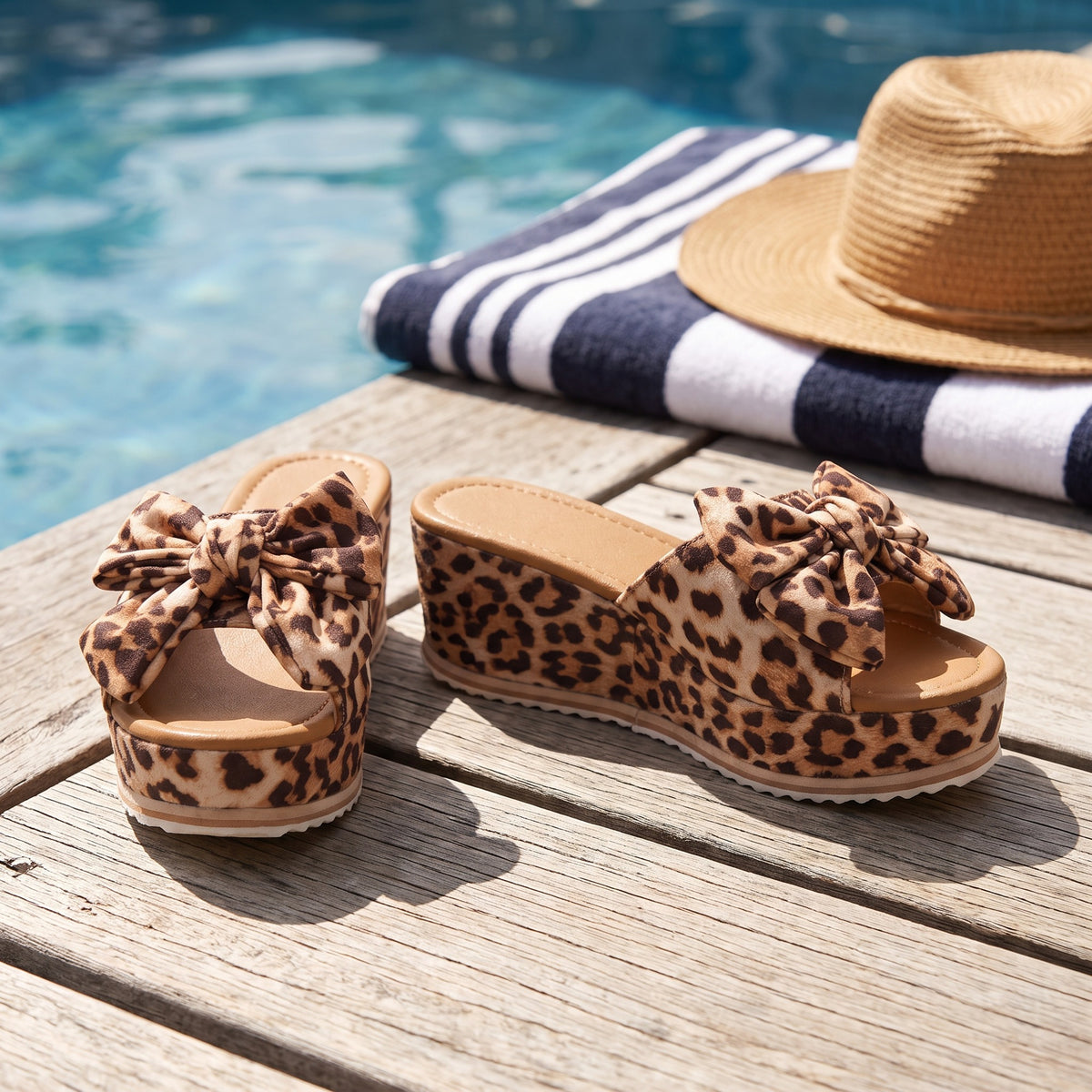 Leila leopard bow wedge slides on a pool deck with a striped towel and straw hat