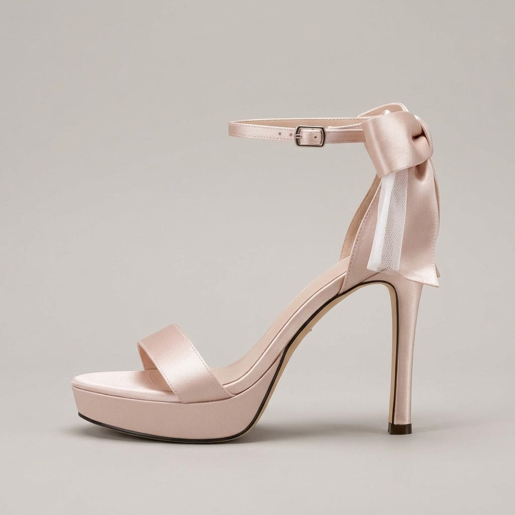 Margot champagne satin bow platform heels, side profile