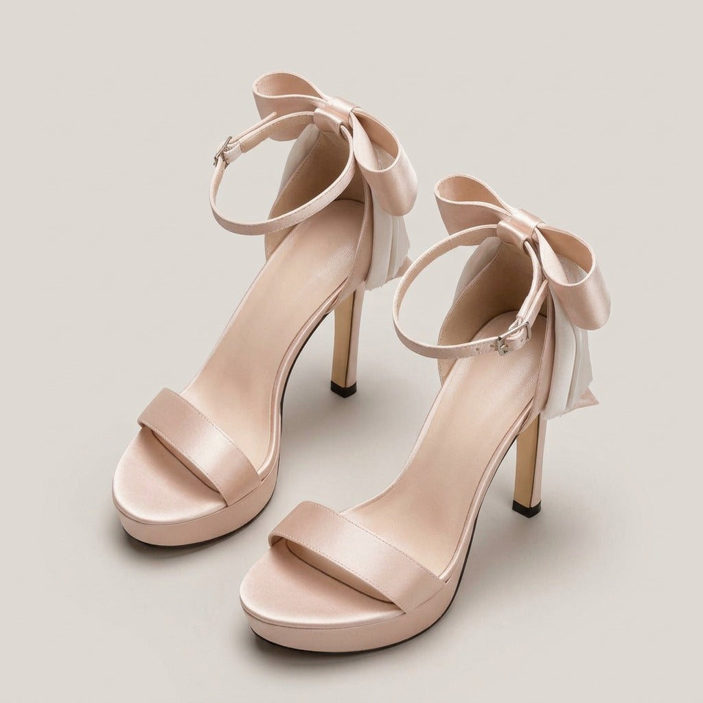 Margot champagne satin bow platform heels, front view