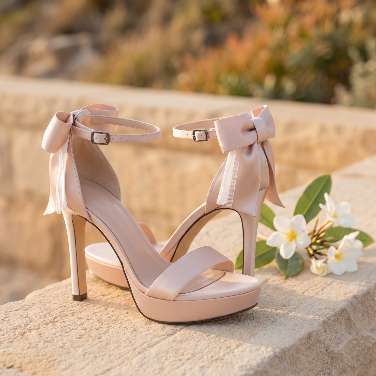 Margot champagne satin bow heels on a sandstone ledge with frangipani
