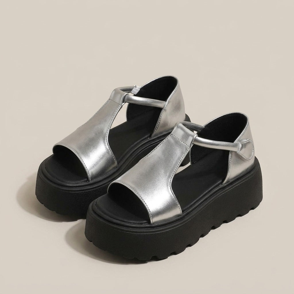 Marlee silver metallic T-strap platform sandals, pair at a three-quarter angle