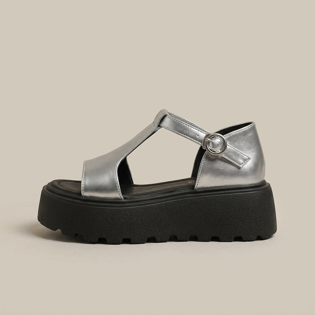 Marlee silver metallic T-strap platform sandals, side profile