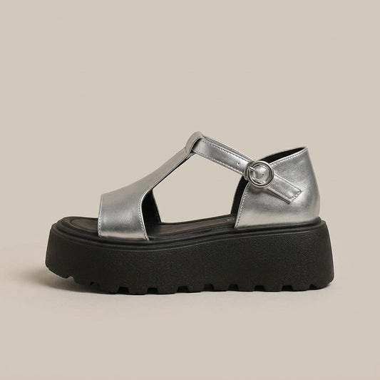 Marlee silver metallic T-strap platform sandals, side profile