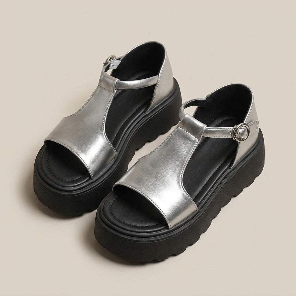Marlee silver metallic T-strap platform sandals, front view