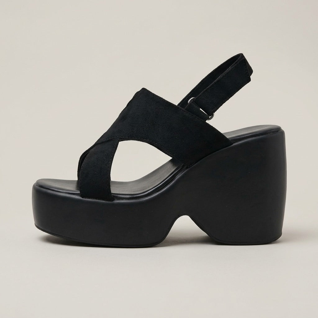 Sienna black cross-strap platform wedges, side profile