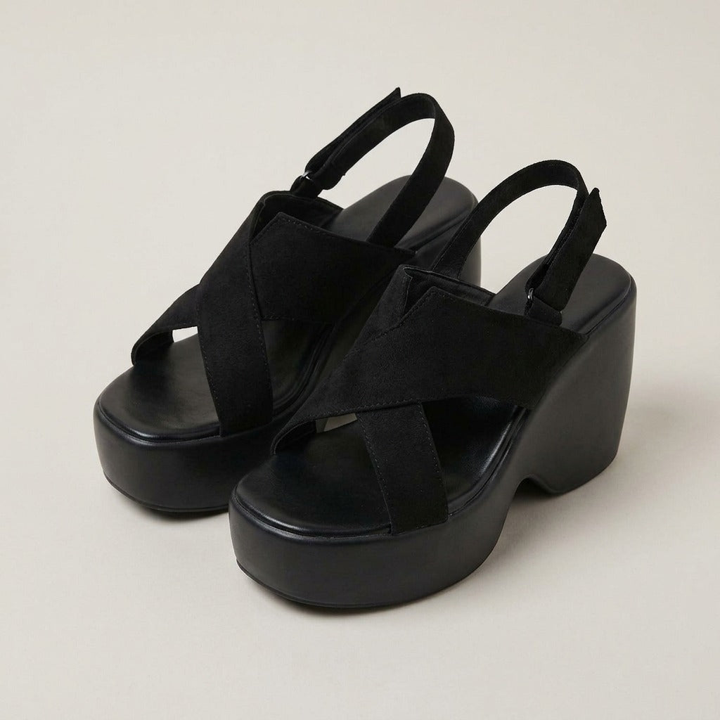 Sienna black cross-strap platform wedges, front view
