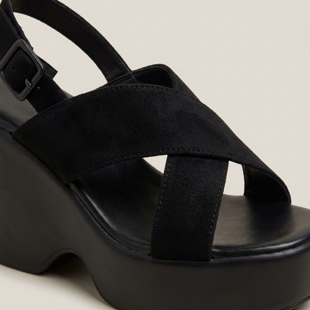 Sienna black cross-strap platform wedges, close-up of the material