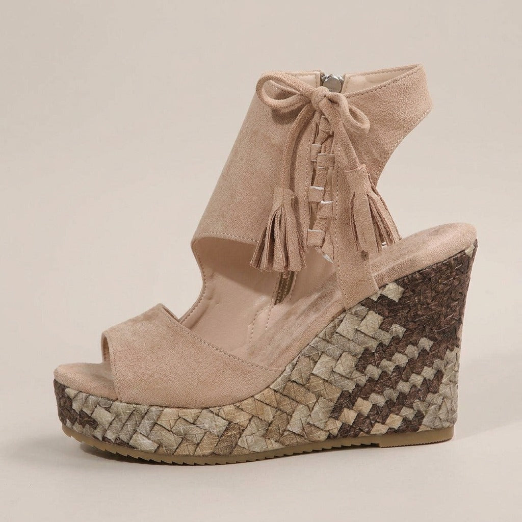 Tilly sand tassel lace-up espadrille wedges, side profile