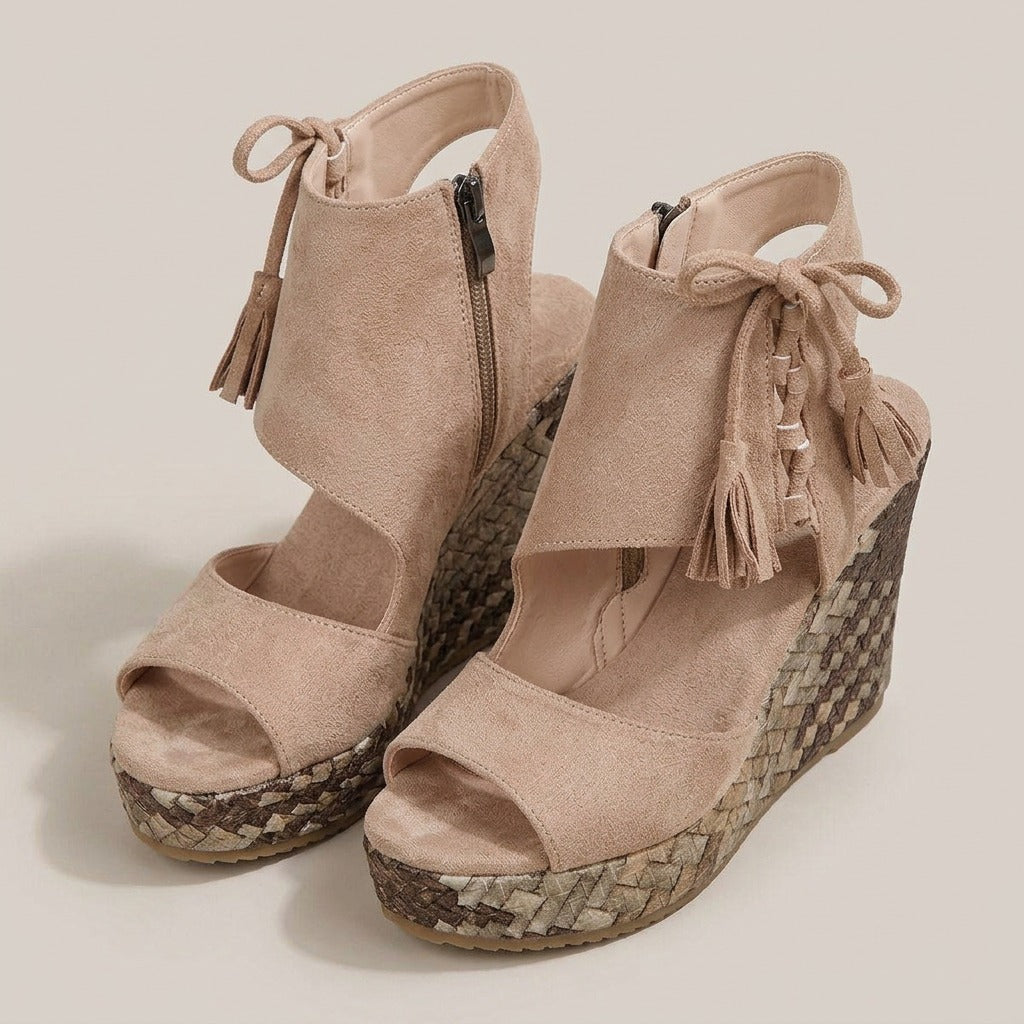 Tilly sand tassel lace-up espadrille wedges, front view