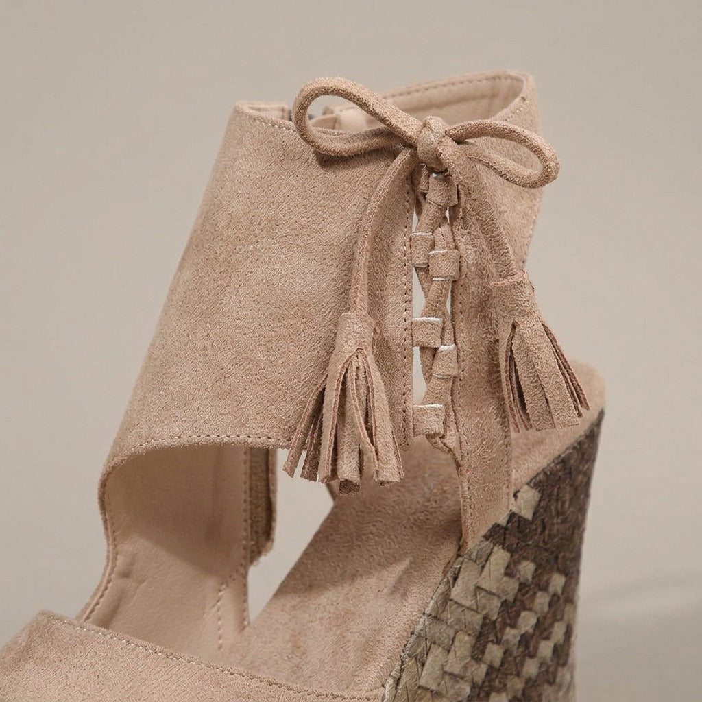 Tilly sand tassel lace-up espadrille wedges, close-up of the material
